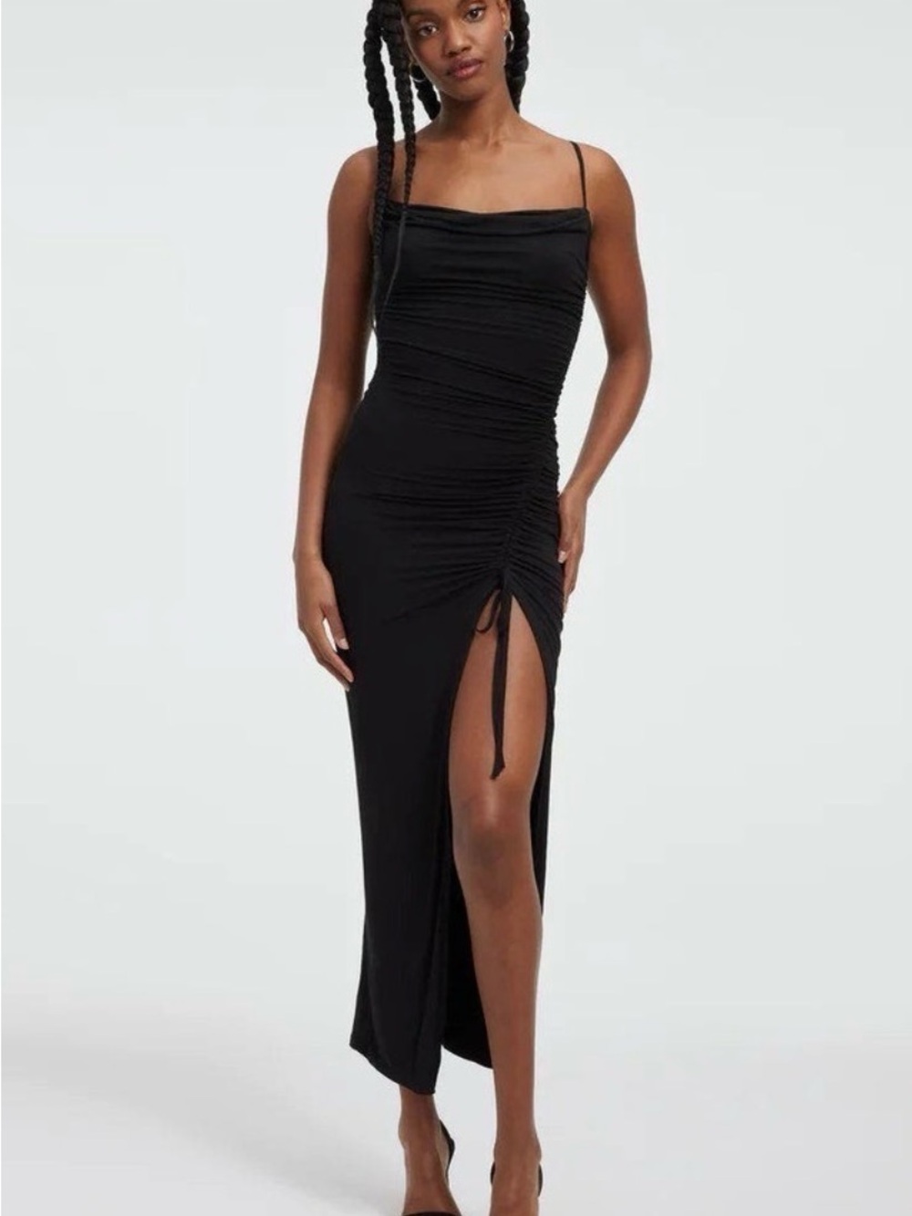 NWT Good American Black Ruched Side-Slit Maxi Dress